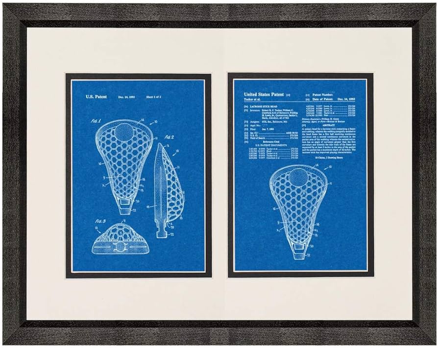 Lacrosse stick head patent art blueprint print in a beveled black wood frame with a double mat x m posters prints
