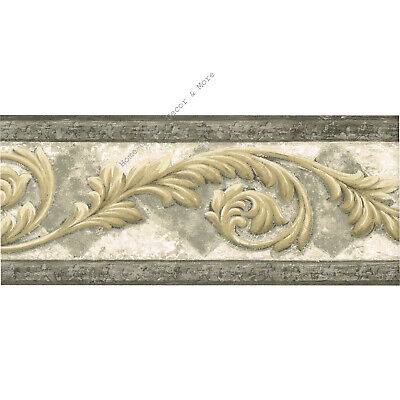 Architectural beige acanthus leaf scroll gray diamond silver wallpaper border