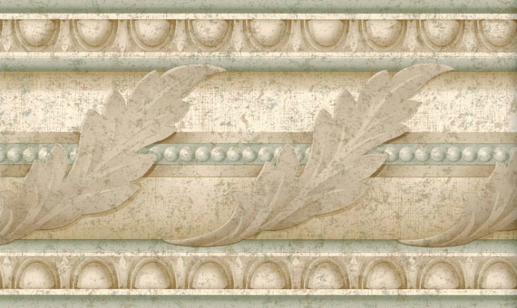 Light green tan scroll leaf wallpaper border acanthus leaf