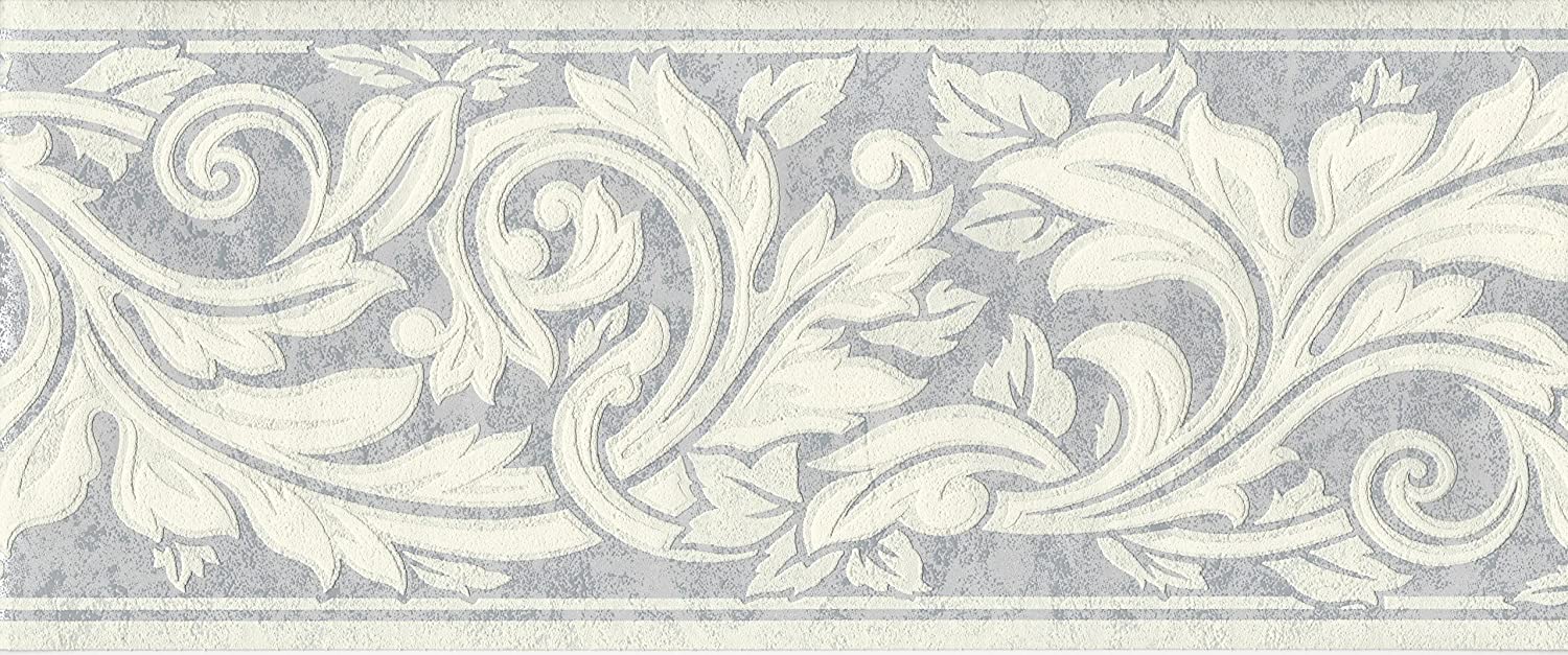 Wallpaper border eggshell white textured anthus leaf scroll on silver blue wallpaper borders