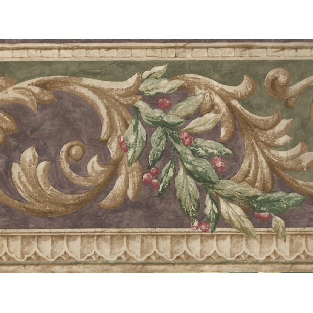Architectural scroll with leaves and berries wallpaper border mn