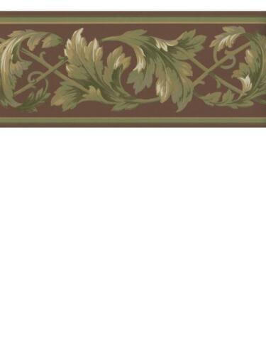 Green and tan leaf scroll on rust color wallpaper border