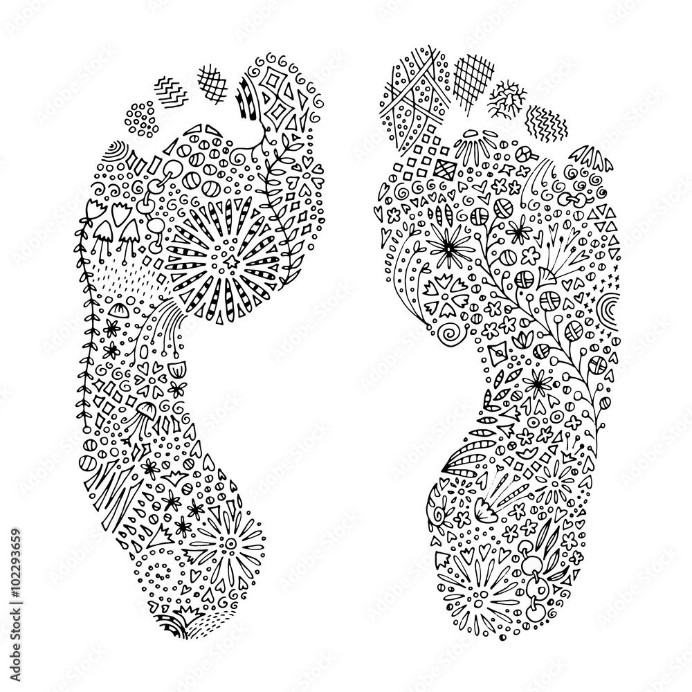 Human left and right barefoot footprints plicated hand drawn zentangle black pigment liner design adult coloring page for print and books stress relieving activity vector eps vector