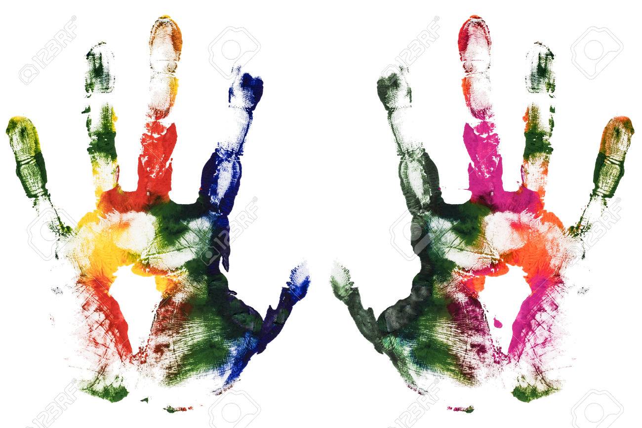 Colorful left and right hands print close up of colored gouache hands print on white background stock photo picture and royalty free image image