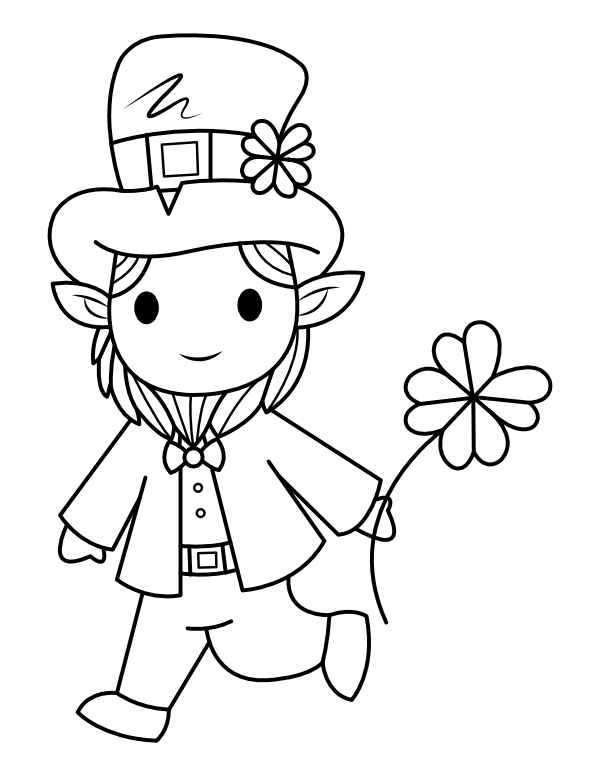Printable leprechaun with four leaf clover coloring page
