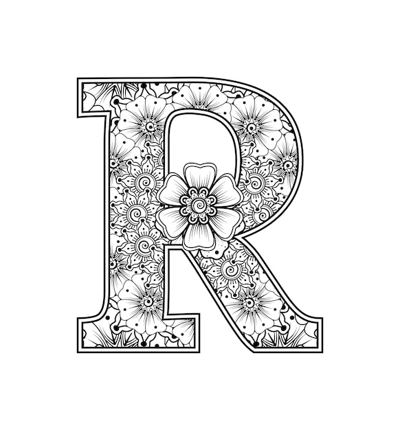 Premium vector letter r made of flowers in mehndi style coloring book page outline handdraw vector illustration