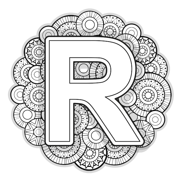 Premium vector vector coloring page for adults contour black and white capital english letter r on a mandala background