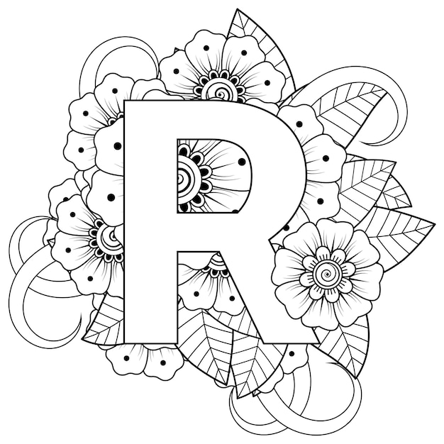 Premium vector letter r with mehndi flower decorative ornament in ethnic oriental style coloring book page