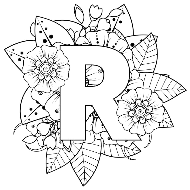 Letra r con adornos decorativos de flor mehndi en tilo ãtnico oriental pãgina de libro para colorear vector premium