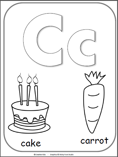 Letter c alphabet cards for display or coloring