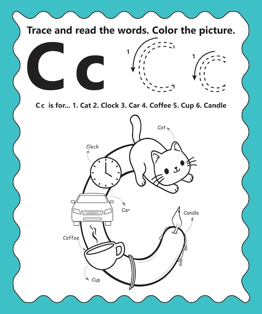 Premium vector trace the alphabet c with cartoon vocabulary learning worksheet preschool kid activity coloring book