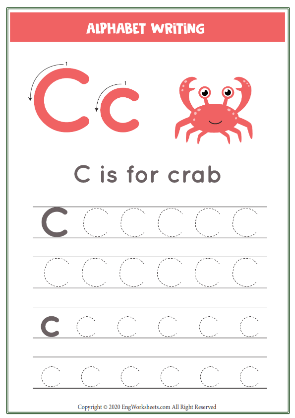 Letter c alphabet tracing worksheet with animal illustration