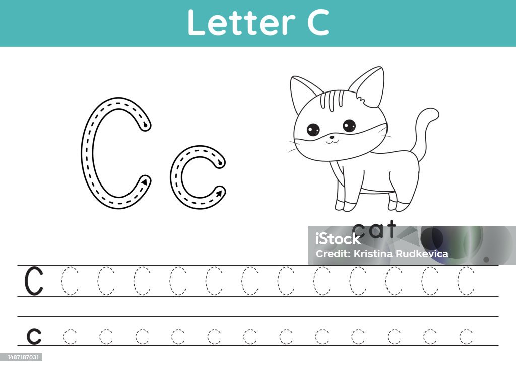 Alphabet abc az exercise coloring page trace letter c vocabulary for coloring book cute kawaii cat printable activity worksheet educational game learn english vector illustration stock illustration
