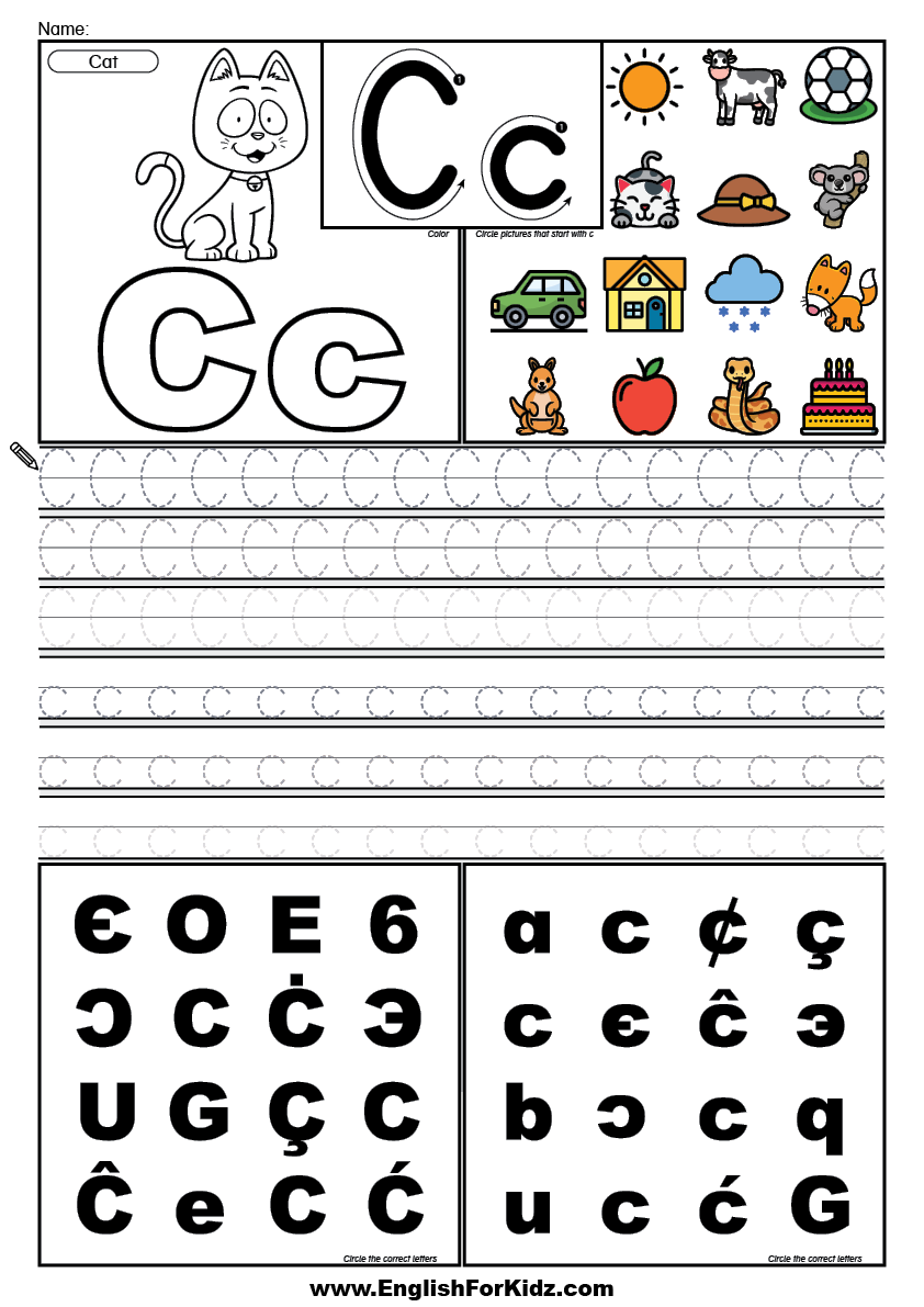 English for kids step by step letter c worksheets flash cards coloring pages