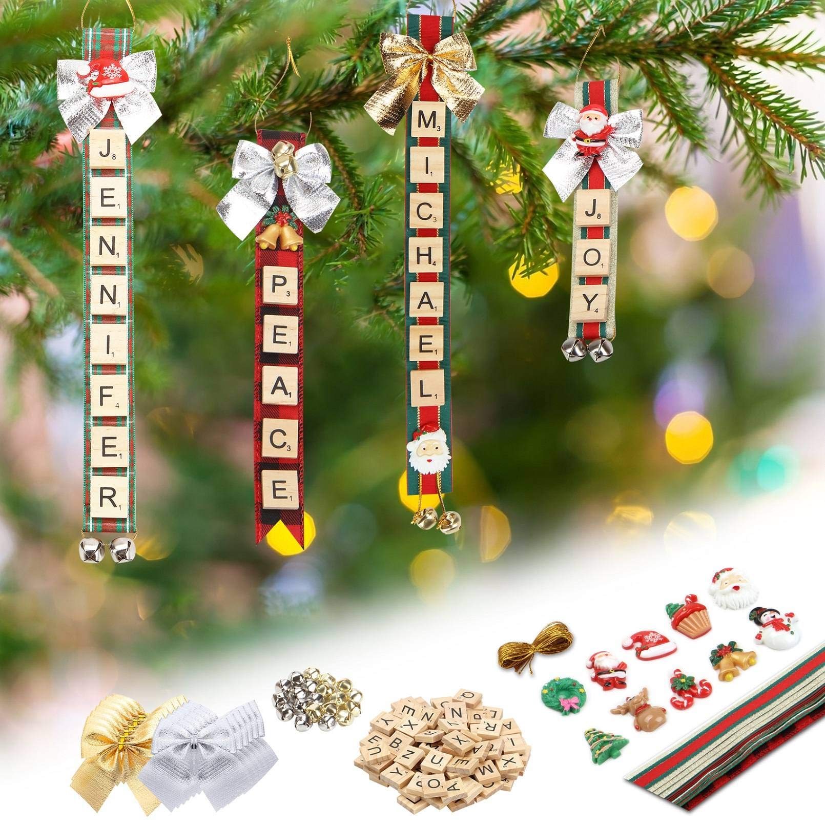 Christmas ornaments tree decorations personalized crafts for girls adults kids kit diy ribbon letter tiles bells rustic stockings name tags hanging xmas decor for gifts wreath room holiday home