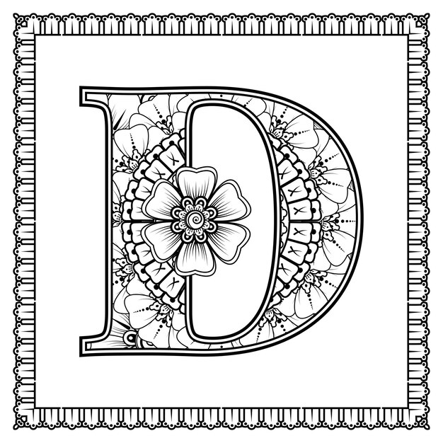 Premium vector letter d made of flowers in mehndi style coloring book page outline handdraw vector illustration