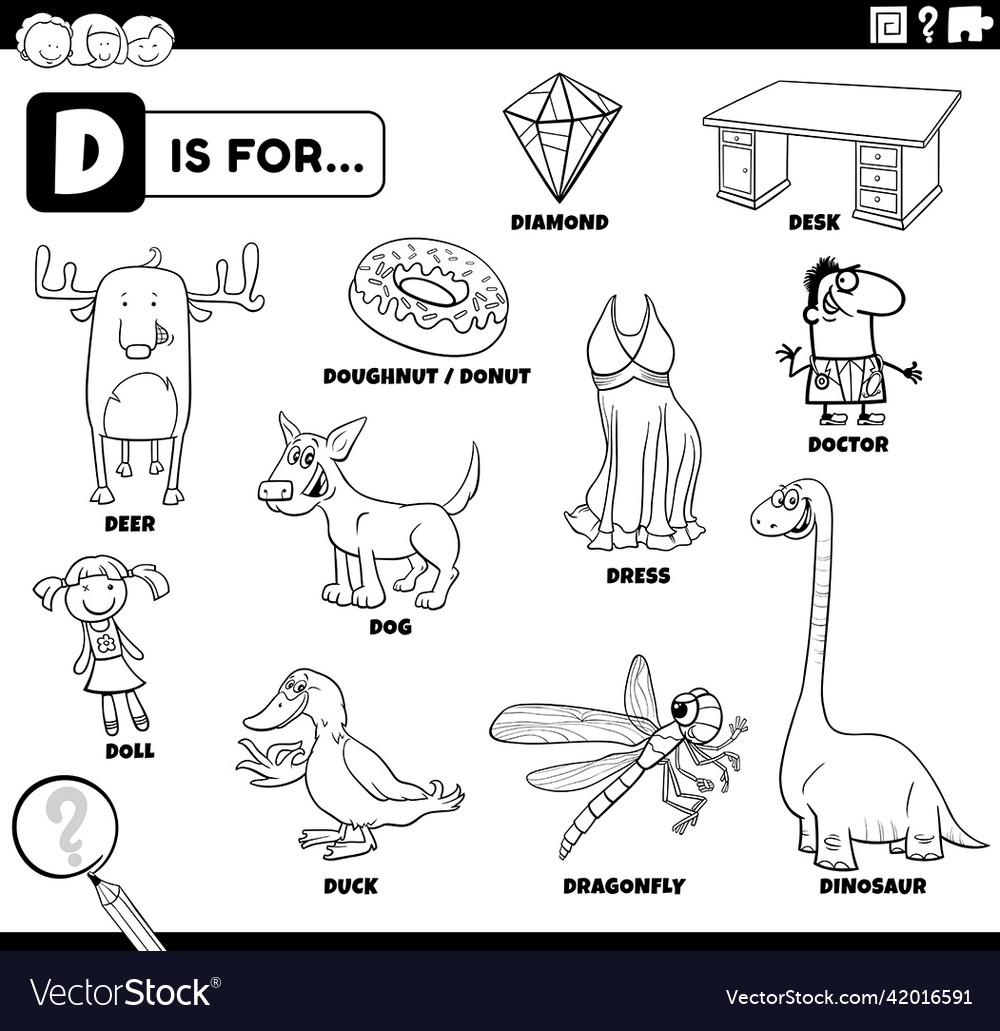 Letter d words educational set coloring book page vector image