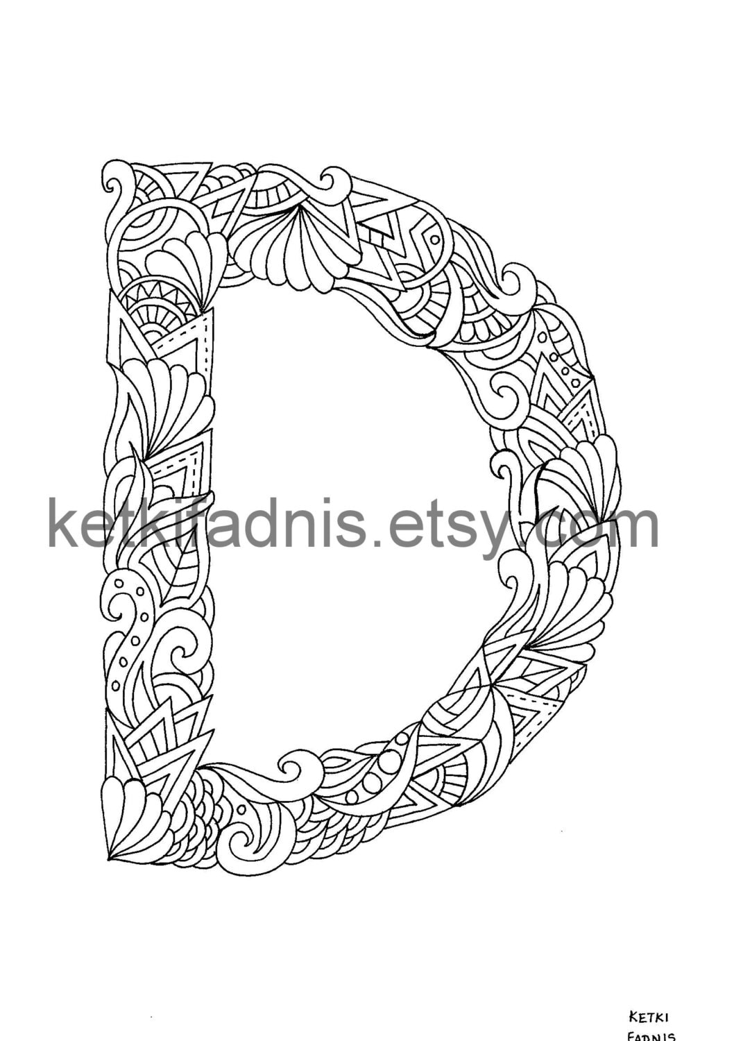Letter d coloring page instant pdf download alphabet coloring page hand drawn diy printable coloring page letter illustration