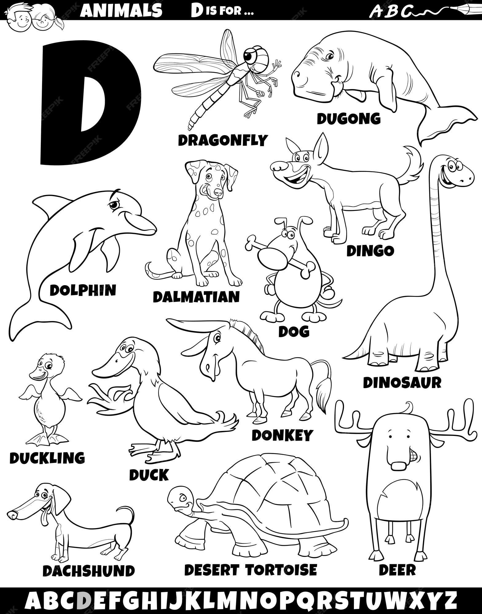 Premium vector cartoon illustration of animal characters set for letter d coloring page