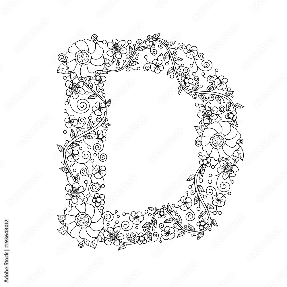 Floral alphabet letter d coloring book for adults vector illustrationhand drawndoodle style vector