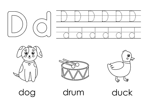 Learning english alphabet for kids letter d coloring book stock illustration