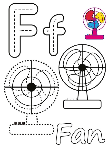 Premium vector coloring pages of fan and the letter f suitable for use in childrens coloring books