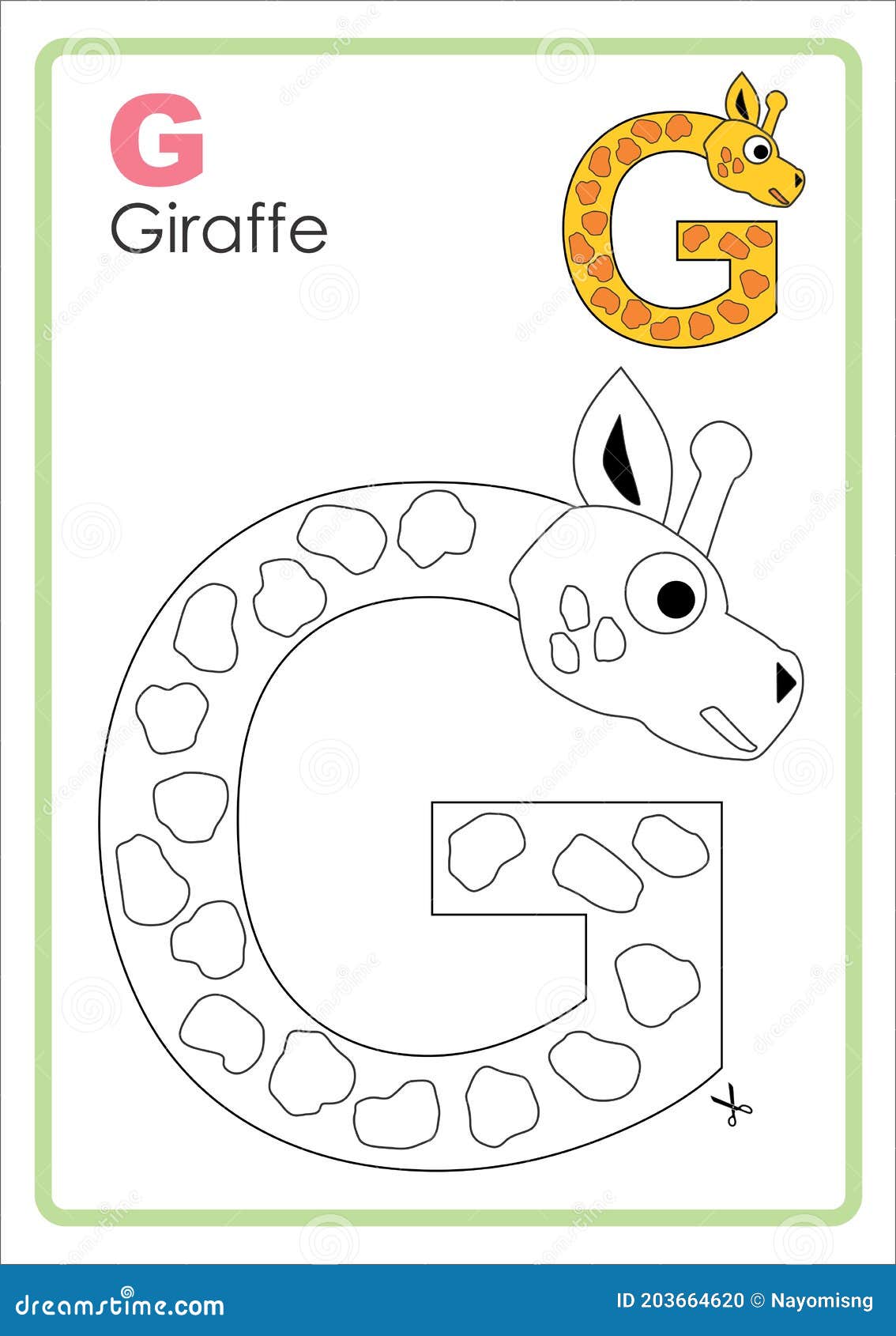 Alphabet picture letter g colouring page giraffe craft stock illustration