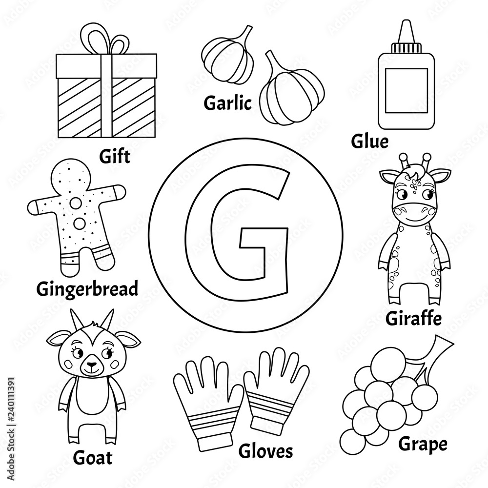 Vector cute kids animal alphabet letter g set of cute cartoon illustrations coloring page vector