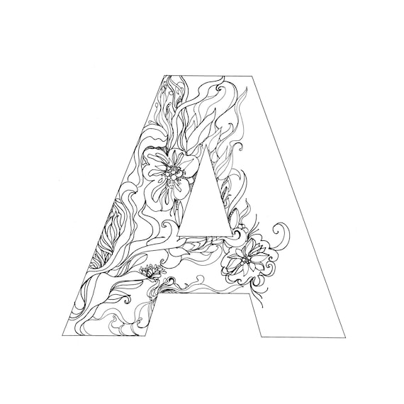 Diy color in letters floral printable coloring pages the letter a floral coloring page floral monogram initial a diy decor download now