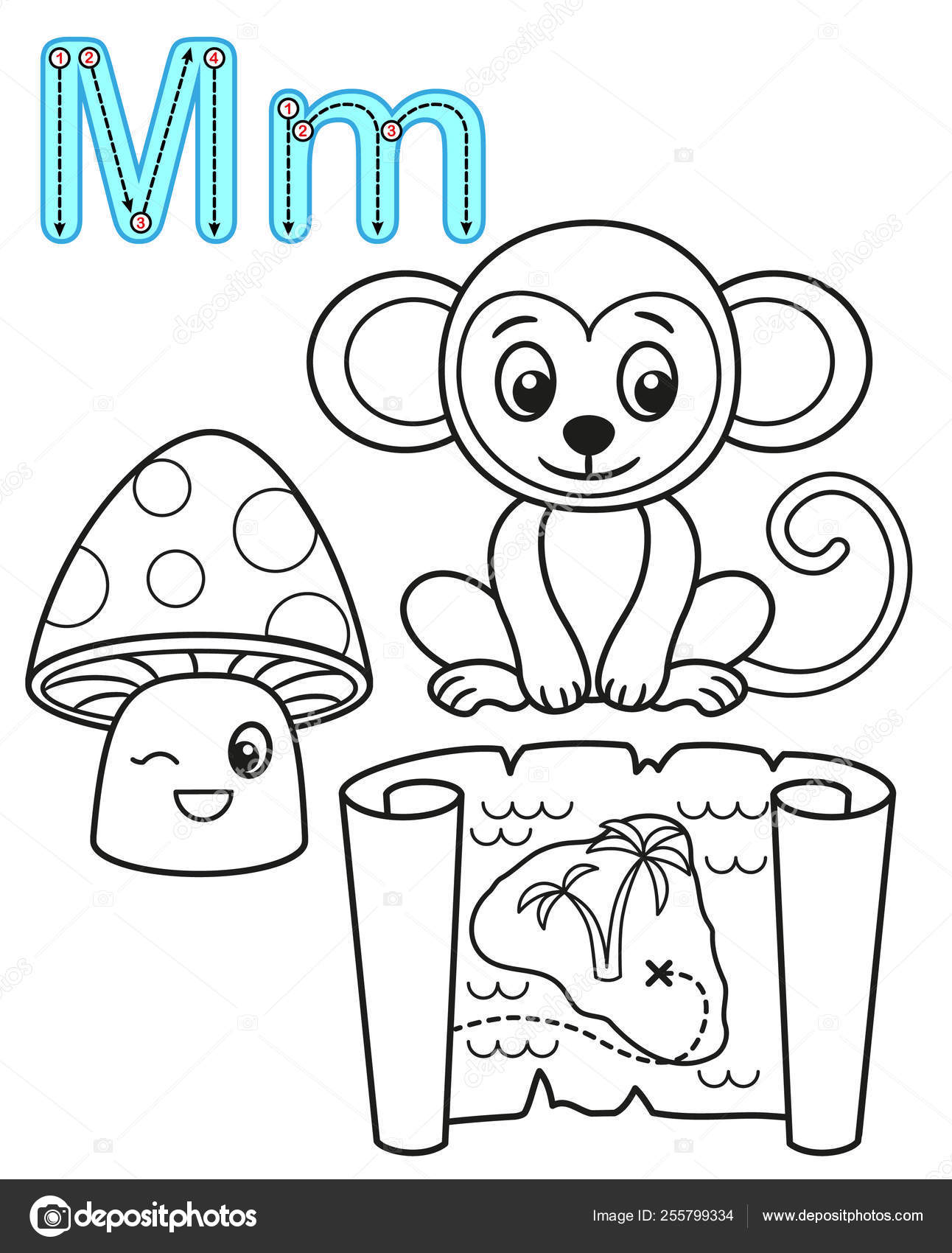 Printable coloring page for kindergarten and preschool card for study english vector coloring book alphabet letter m mushroom map monkey stock vector by natasha
