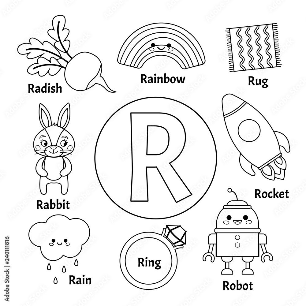 Vector cute kids animal alphabet letter r set of cute cartoon illustrations coloring page vector