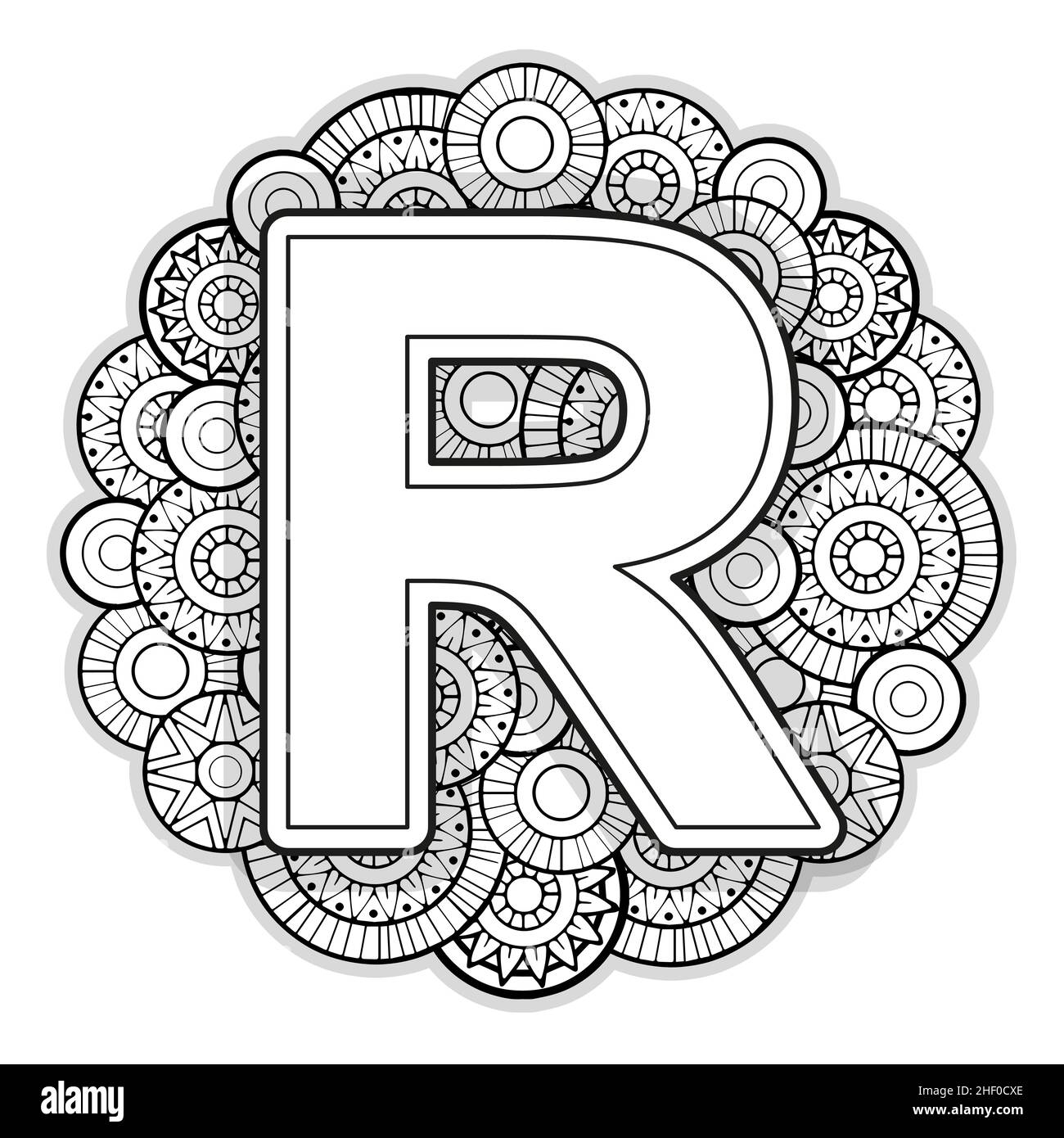 Vector coloring page for adults contour black and white capital english letter r on a mandala background stock vector image art