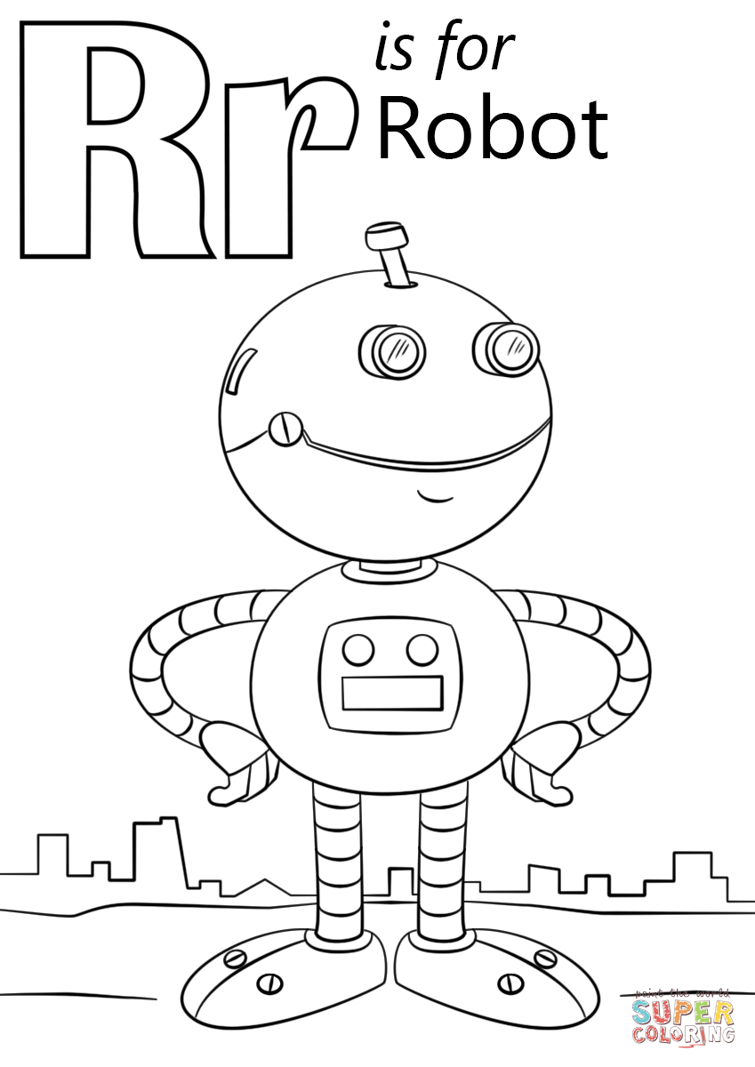 Letter r is for robot coloring page free printable coloring pages