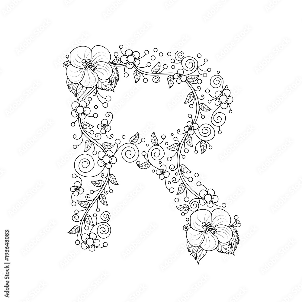 Floral alphabet letter r coloring book for adults vector illustrationhand drawndoodle style vector