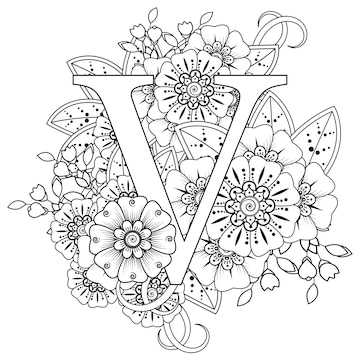 Premium vector letter v with mehndi flower decorative ornament in ethnic oriental style coloring book page