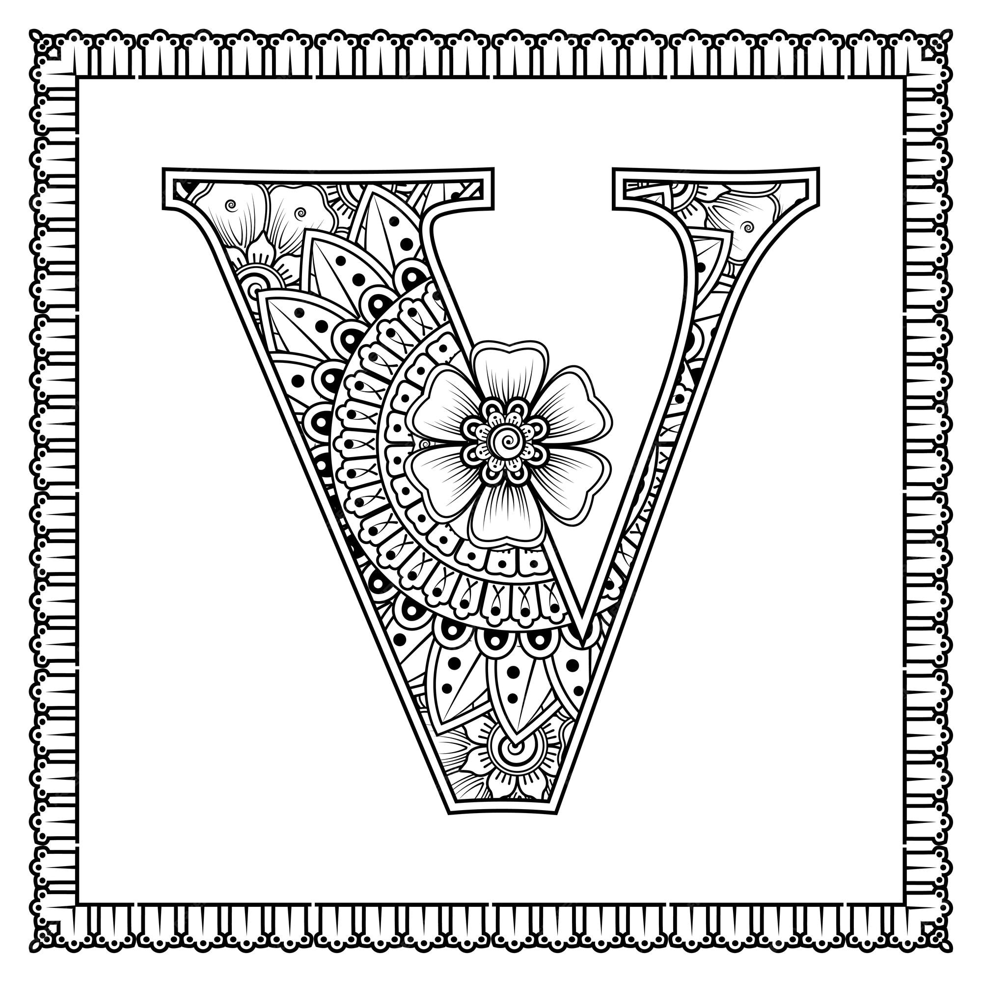 Premium vector letter v made of flowers in mehndi style coloring book page outline handdraw vector illustration