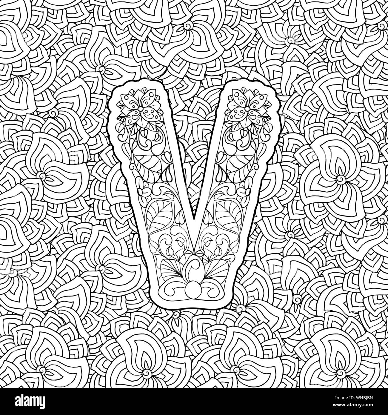 Coloring book floral ornamental alphabet initial letter v font vector typography symbol antistress page for adults and monograms isolated ornament design on patterned background stock vector image art
