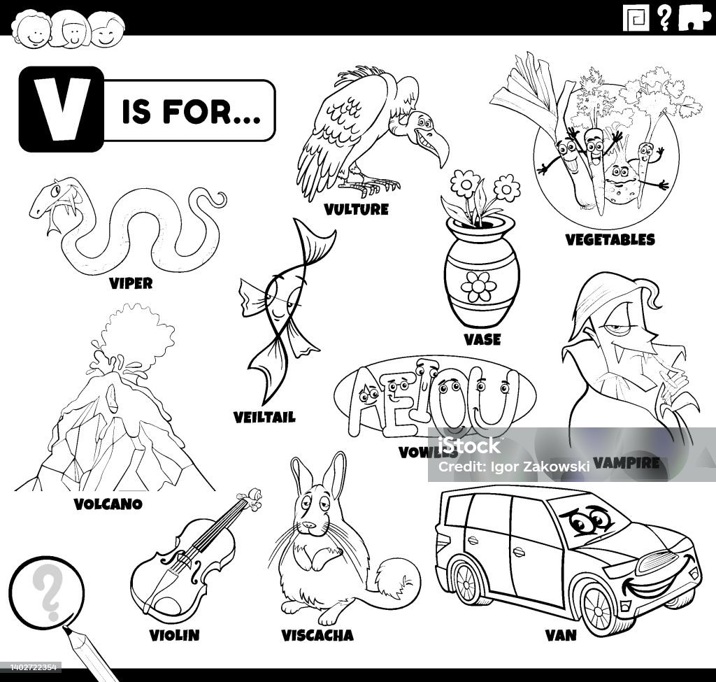 Letter v words educational cartoon set coloring page stock illustration