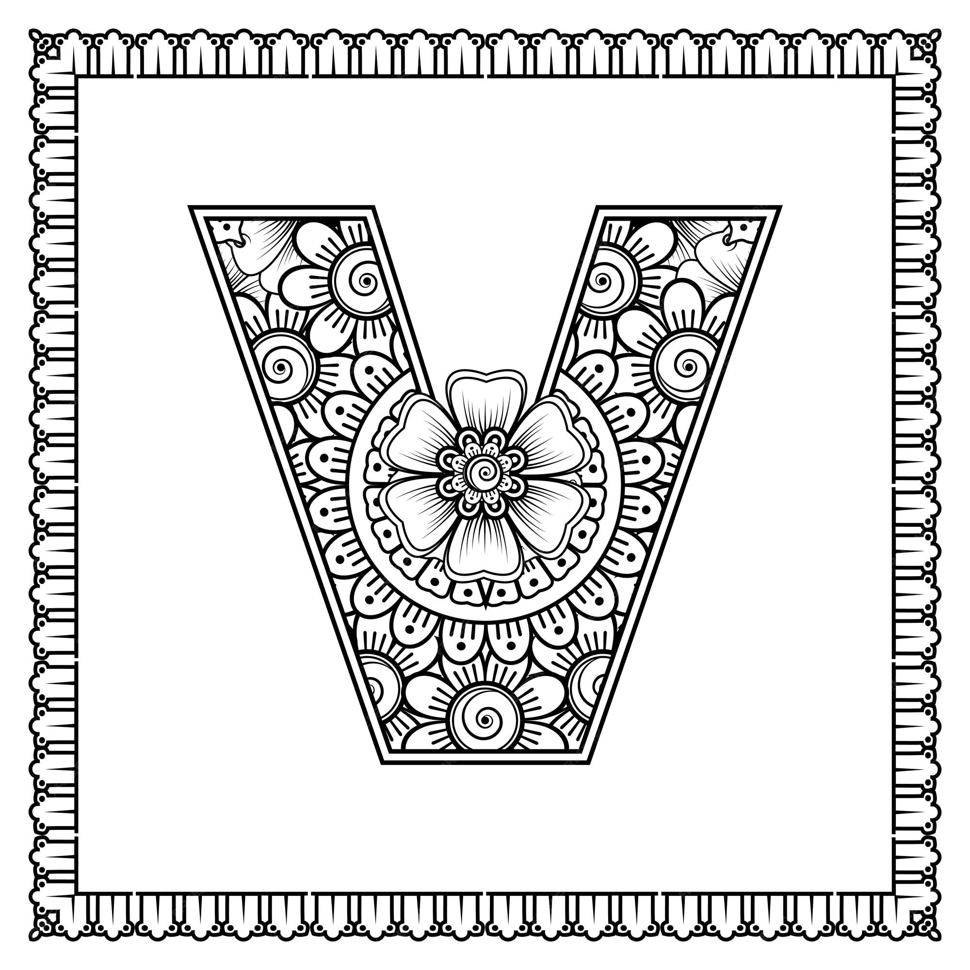 Premium vector letter v made of flowers in mehndi style coloring book page outline handdraw vector illustration