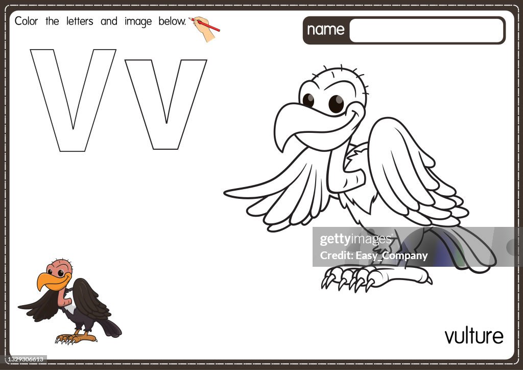 Vector illustration of kids alphabet coloring book page with outlined clip art to color letter v for vulture high