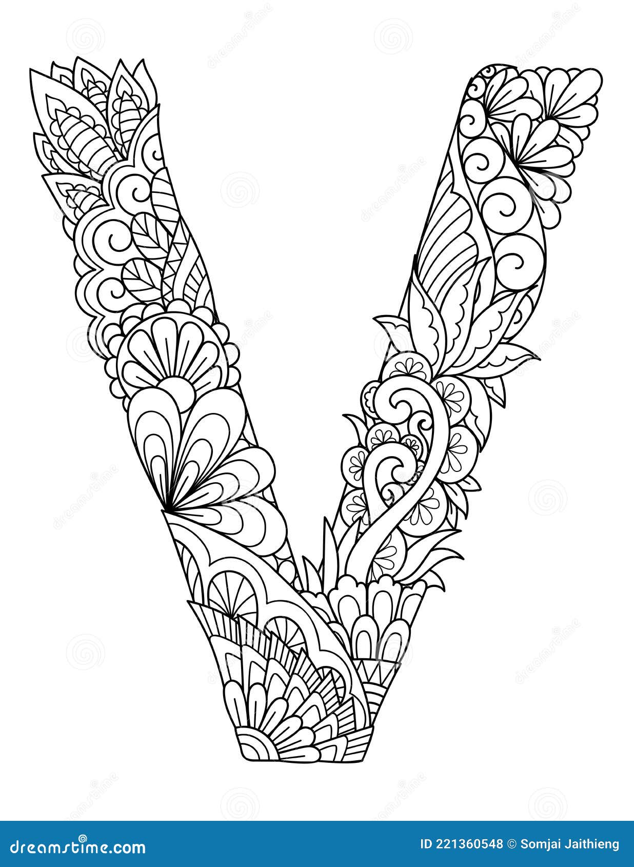 Mandala letter v monogram adult coloring book engraving design vector illustration stock vector