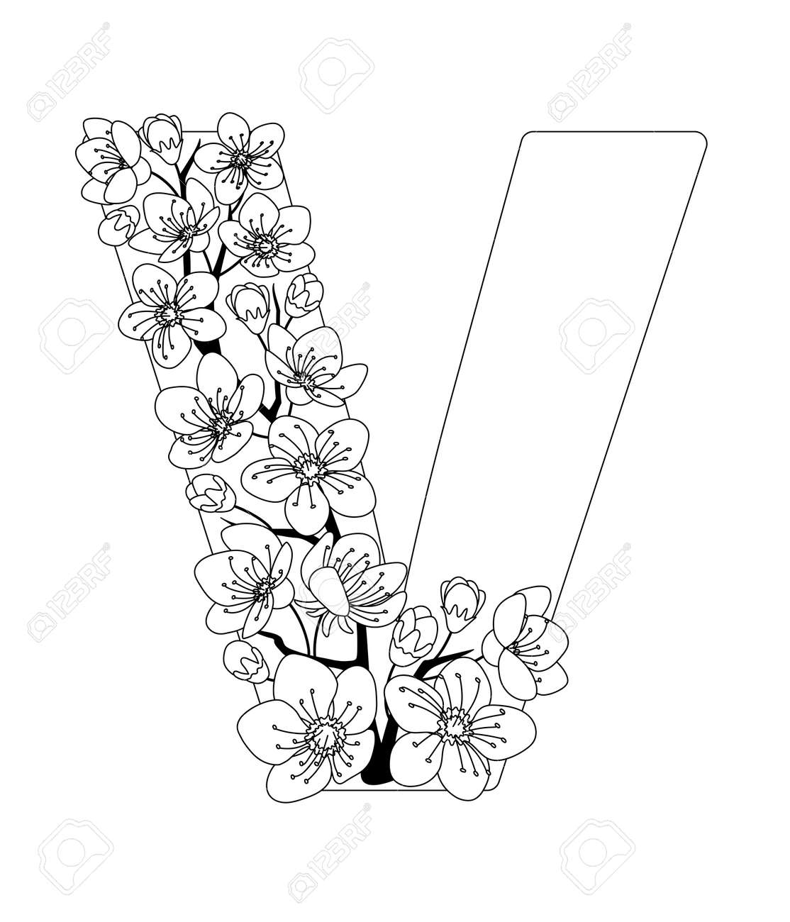 Capital letter v patterned with contour hand drawn doodle blossom cherry monochrome page anti stress adult coloring book royalty free svg cliparts vectors and stock illustration image