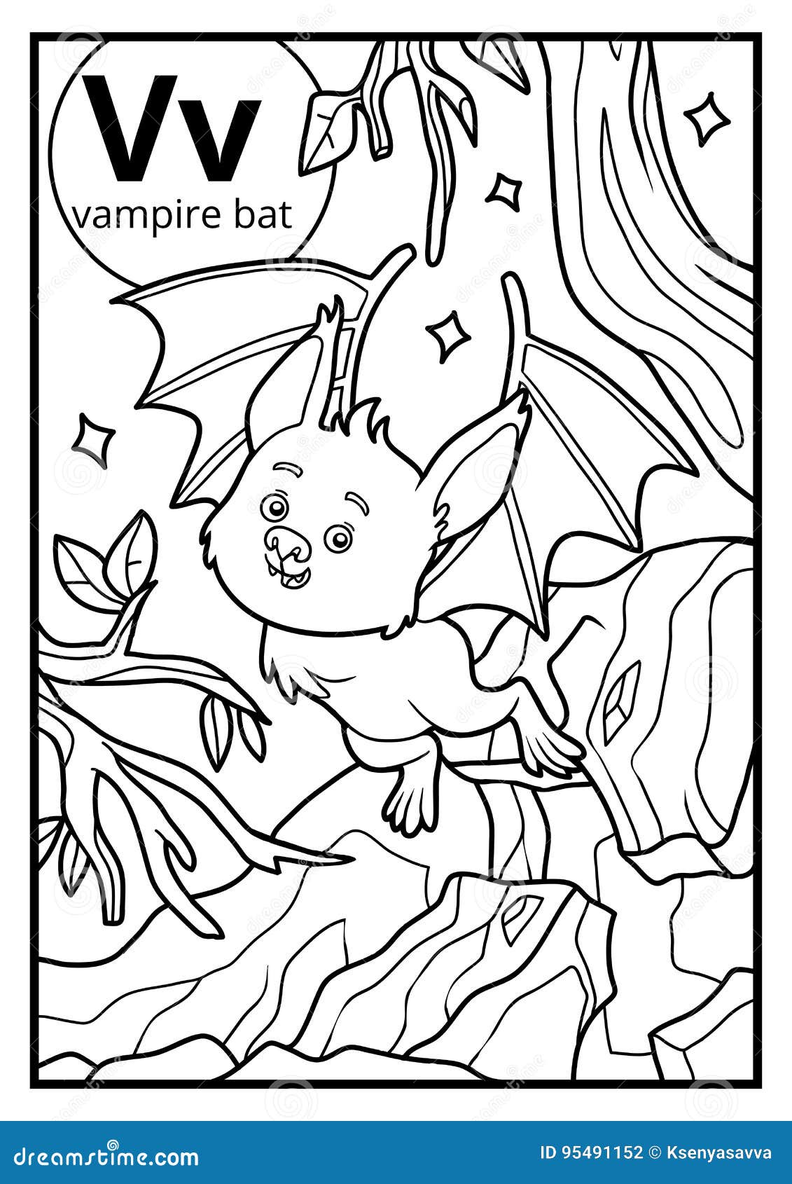 Coloring book colorless alphabet letter v vampire bat stock vector