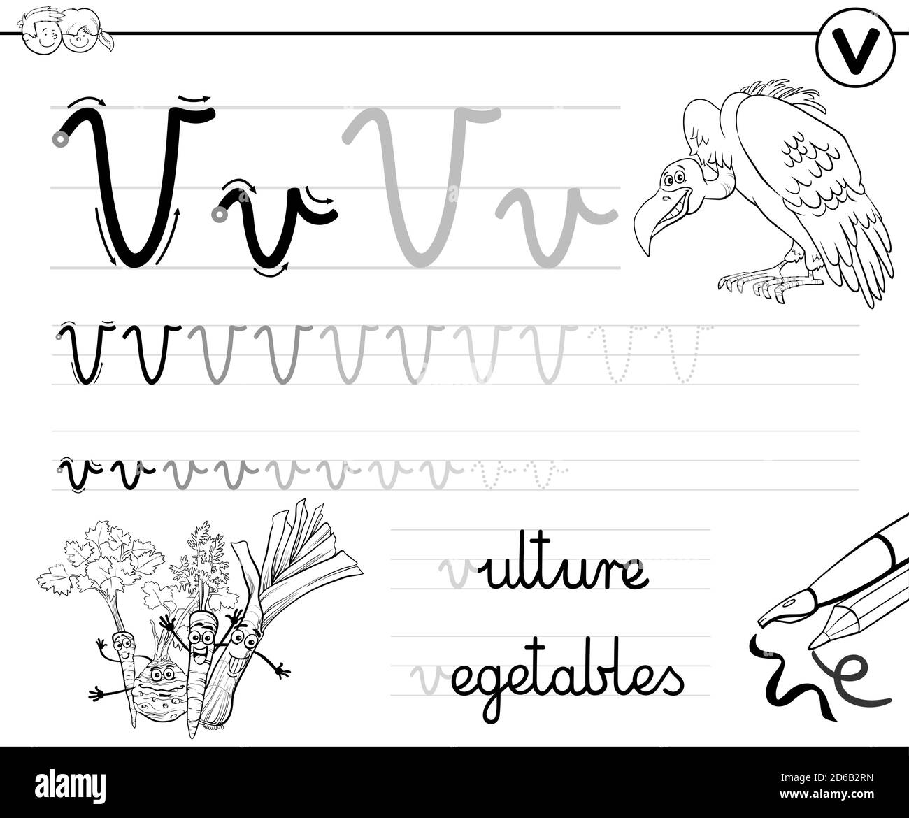 Black and white cartoon illustration of writing skills practice worksheet with letter v for preschool and elementary age children coloring book stock vector image art