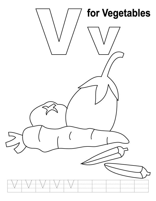 V for vegetables coloring page with handwriting practice alphabet coloring pages kindergarten coloring pages vegetable coloring pages