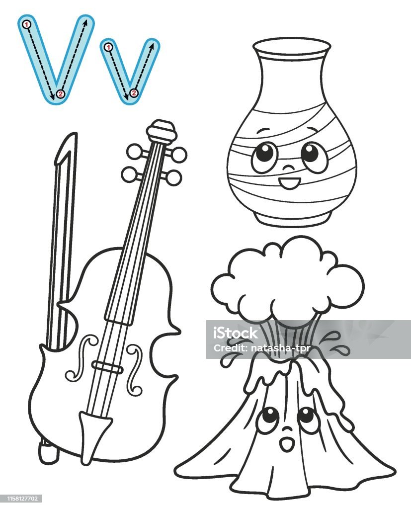 Letter v violin volcano vase vector coloring book alphabet printable coloring page for kindergarten and preschool stock illustration