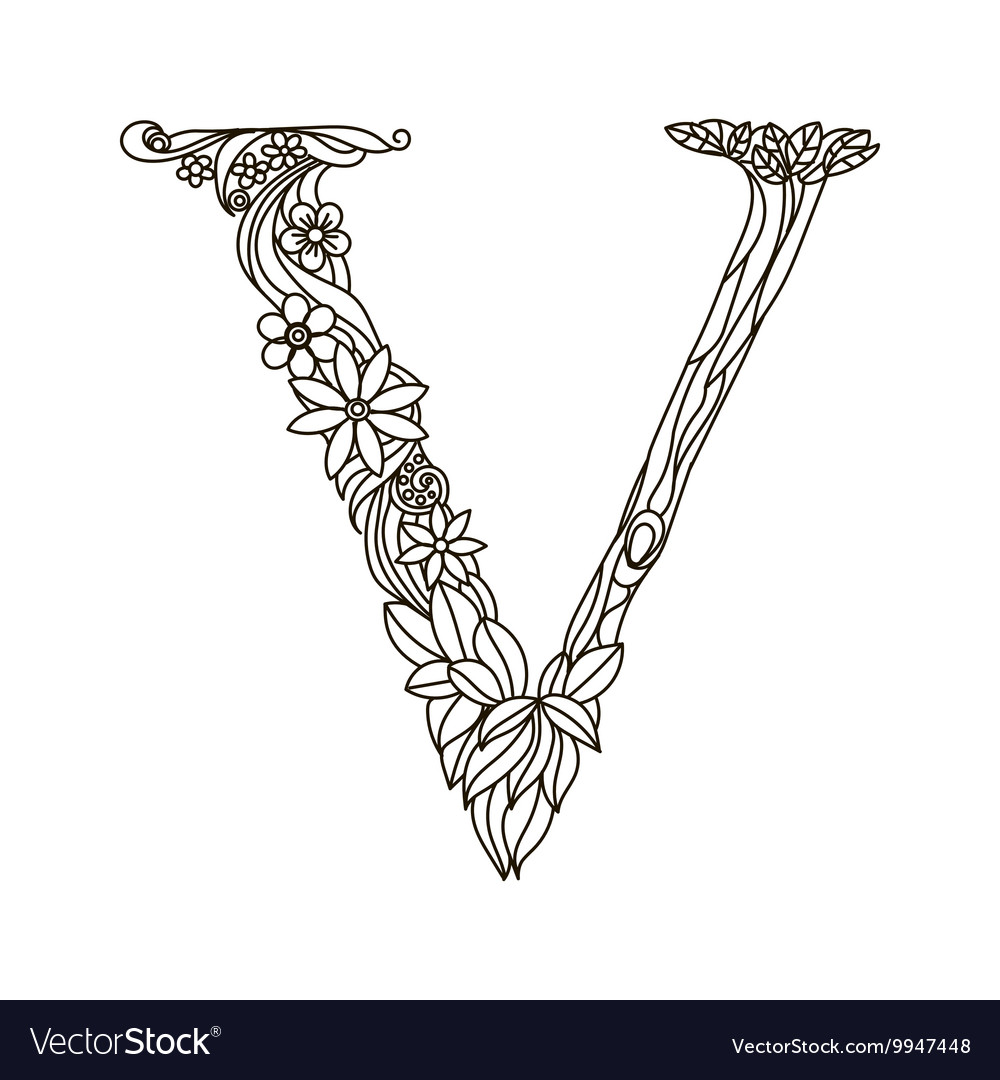 Letter v coloring book for adults royalty free vector image