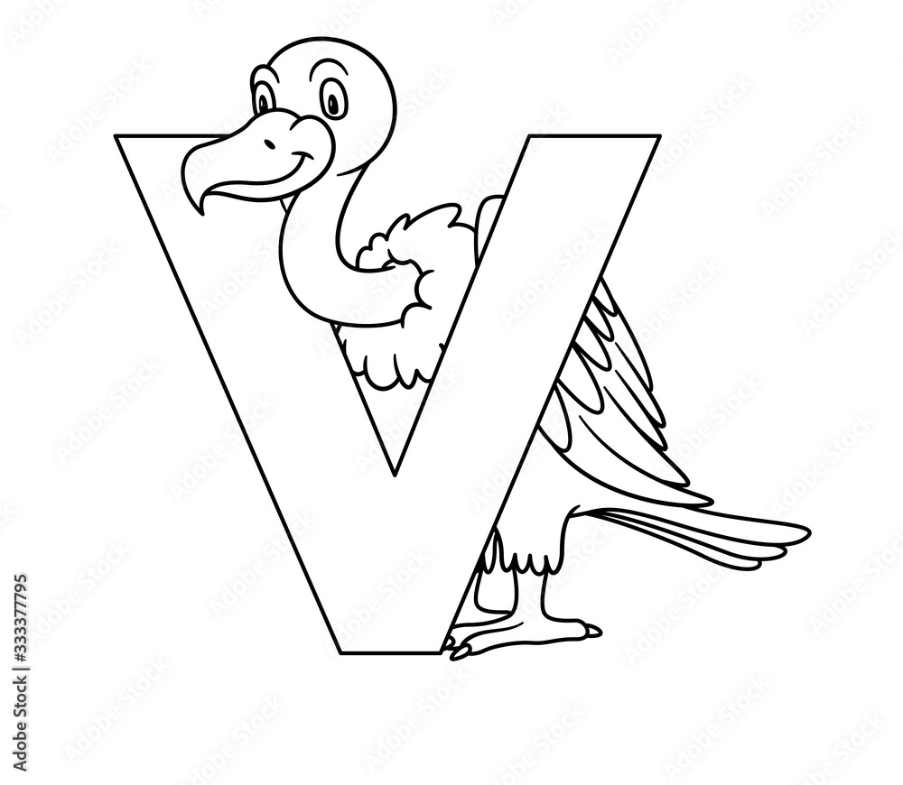 Animal alphabet capital letter v vulture raster illustration for pre school education kindergarten and foreign language learning for kids and children coloring page and books zoo topic illustration
