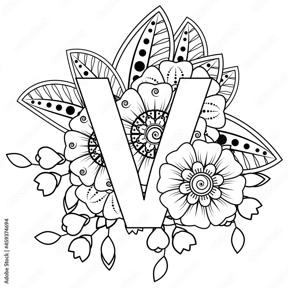 Letter v with mehndi flower decorative ornament in ethnic oriental style coloring book page vector