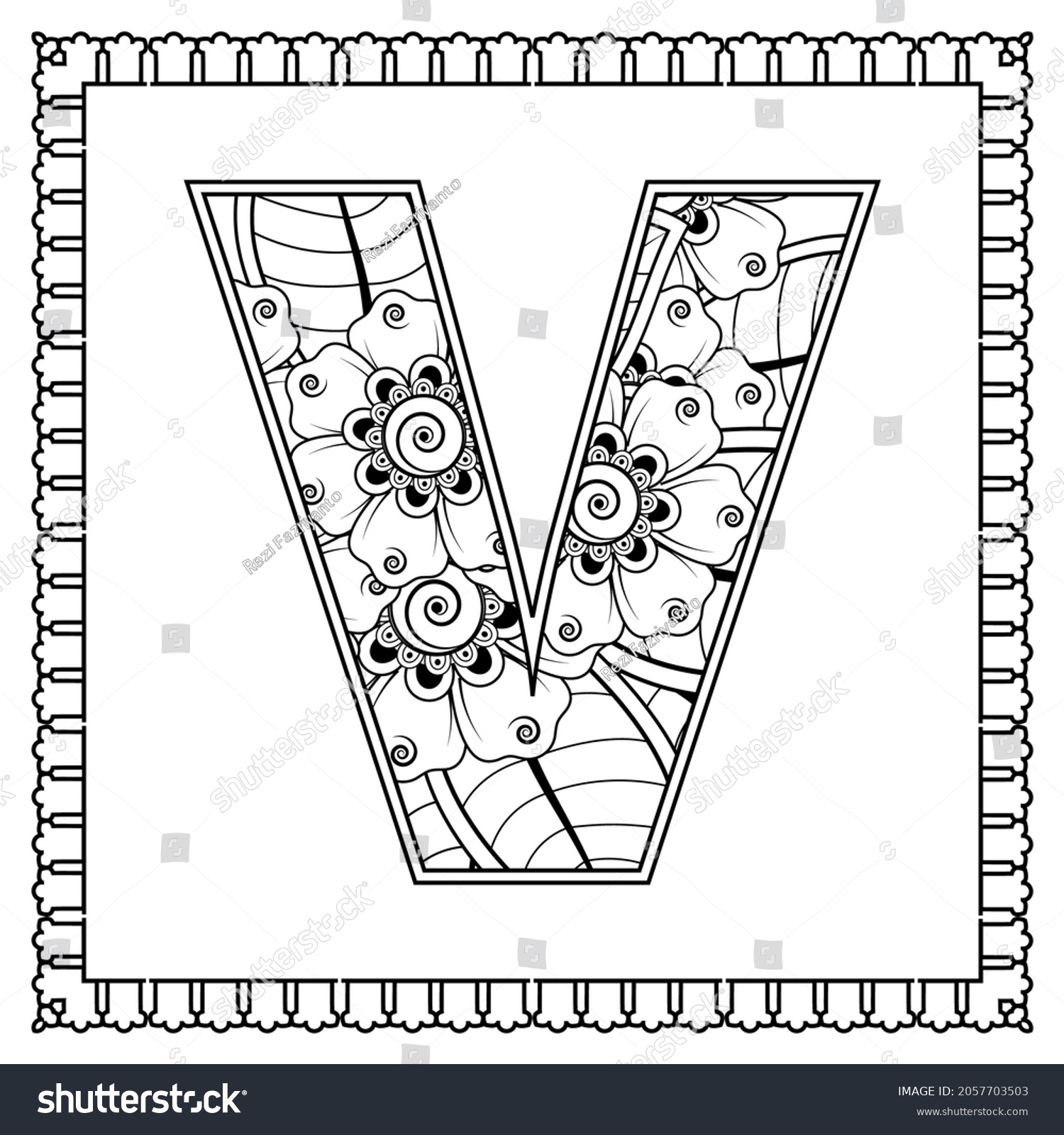 Letter v made flowers mehndi style stock vector royalty free